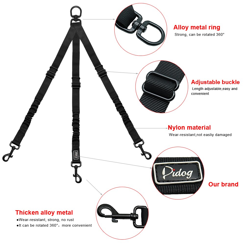 Bungee 3 Way Dog Leash Coupler No Tangle Nylon Adjustable Walking Strap Multiple Pet Three Dogs Leads Black Small Large Dogs
