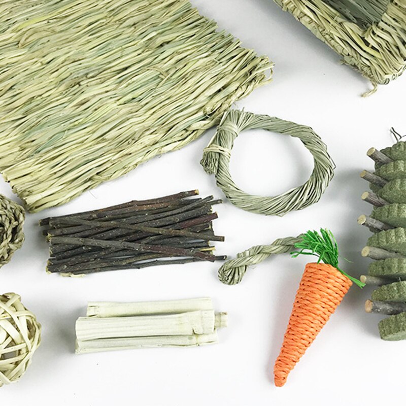 10Types(1Set) Small Pet Chew Toys Hay For Guinea Pig Rabbit Hamster Gerbil Teeth Cleaning Toys Branches Carrot Toy Pet Supplies