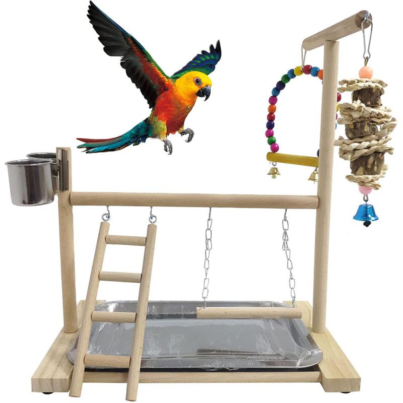 Birds Parrot Wooden Training Perch Stand Playground Climbing Ladder Swing Toys With Bells Bird Supplies