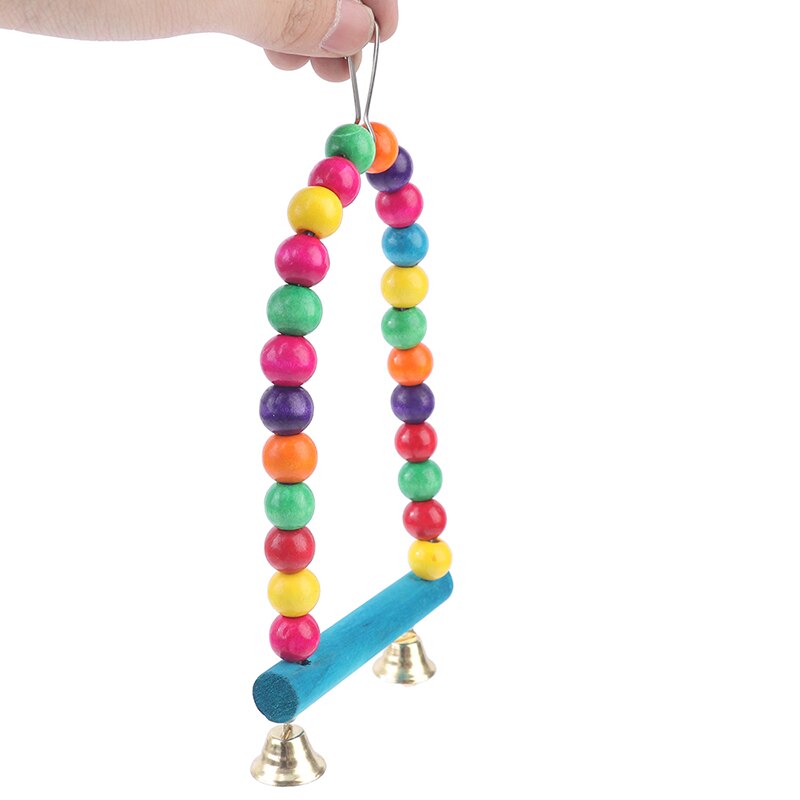 1PC Natural Wooden Birds Parrots Swing Toy Colorful Beads Bird Cage Supplies Toys Perch Hanging Swings With Bells for Pets