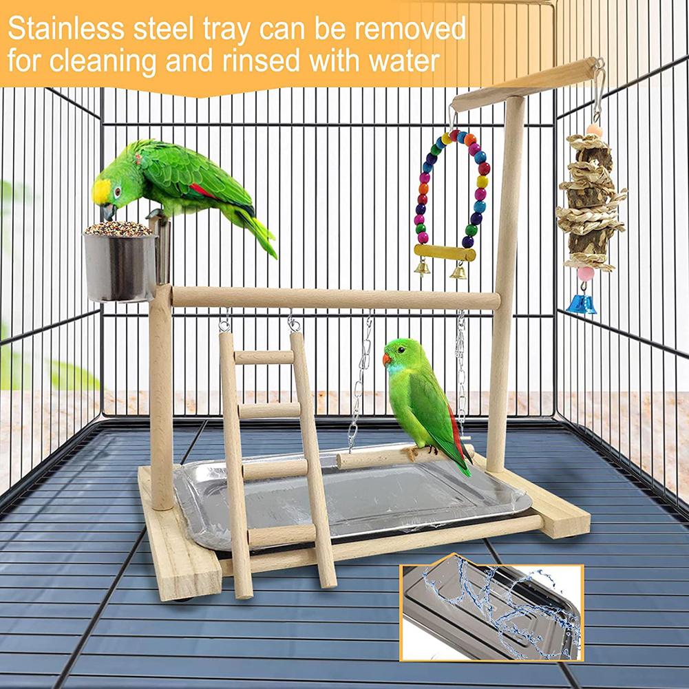 Birds Parrot Wooden Training Perch Stand Playground Climbing Ladder Swing Toys With Bells Bird Supplies
