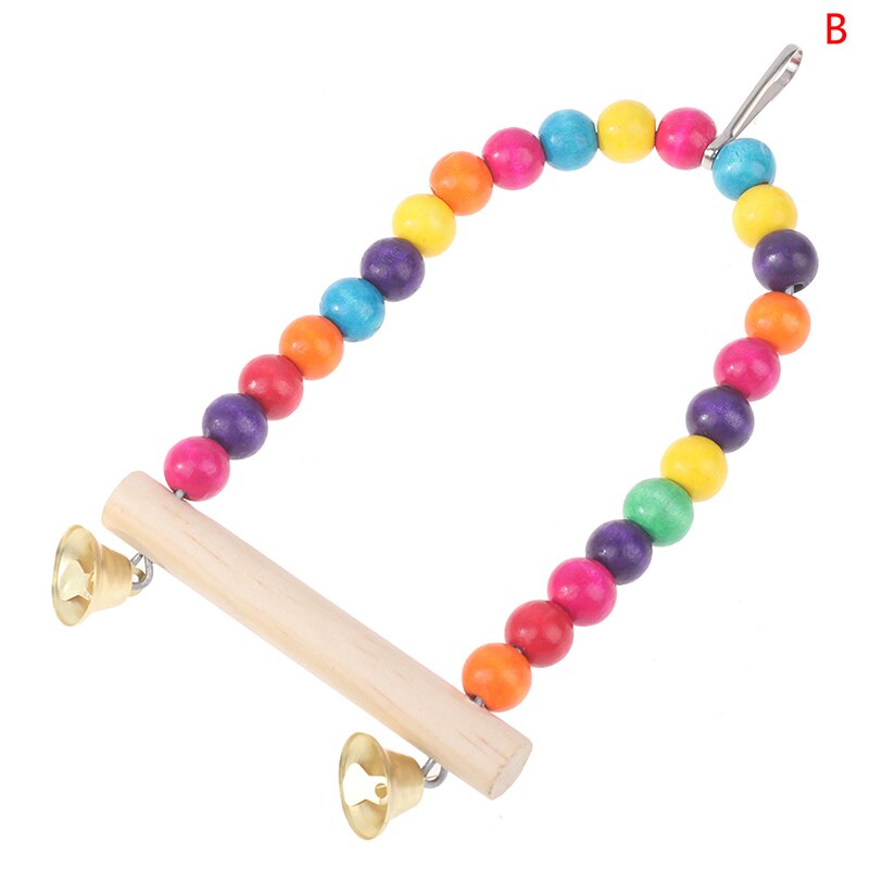 1PC Natural Wooden Birds Parrots Swing Toy Colorful Beads Bird Cage Supplies Toys Perch Hanging Swings With Bells for Pets