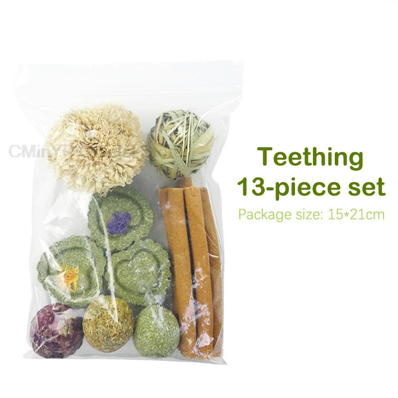 Natural Pet Teething Set of 13 Chew Toys Multi-Flavored Grass Cakes Ball for Hamster Rabbit Guinea Grinding Teeth Pets Supplies