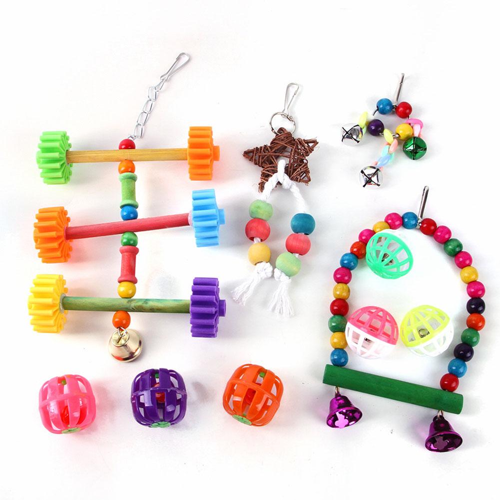 10pcs Pet Bird Wooden Toy Set Parrot Colorful Hanging Wear-resistant Cage Swing Bridge Bird Supplies