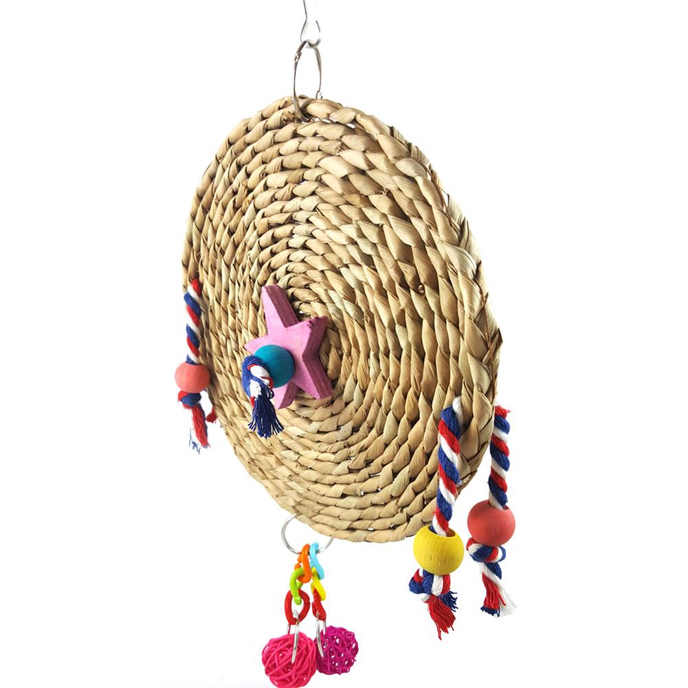 Parrot Straw Weaving Hanging Chewing Toys With Wooden Block Rope Decoration Bird Cage Accessories (random Color)