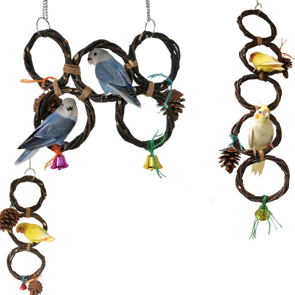 Birds Parrots Hand-woven Hanging Ring Perch Stand Bird Swing Climbing Toy With Bells Pine Cones Cage Supplies