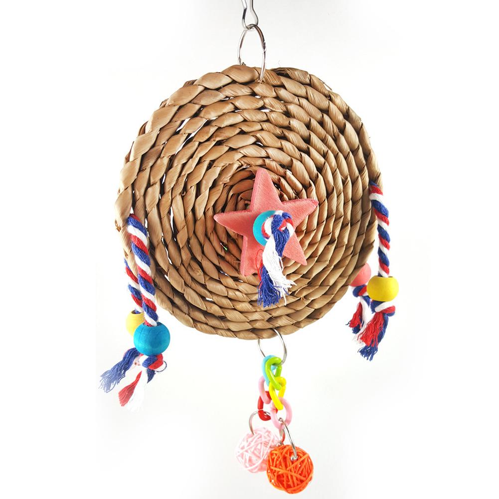 Parrot Straw Weaving Hanging Chewing Toys With Wooden Block Rope Decoration Bird Cage Accessories (random Color)