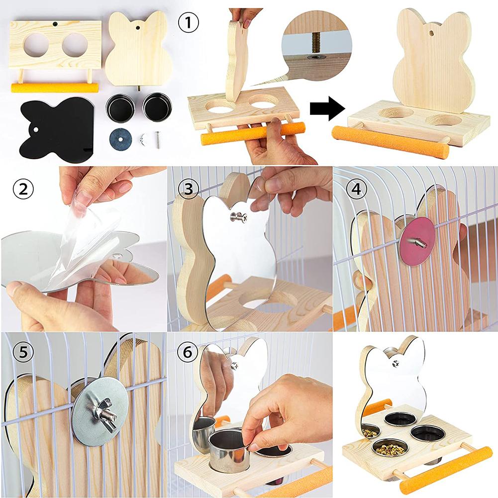 Parrots Mirror With Feeder Cups Bowl Wooden Birds Interactive Self-happy Toy Puzzle Toy Bird Cage Parrot Toys Accessories