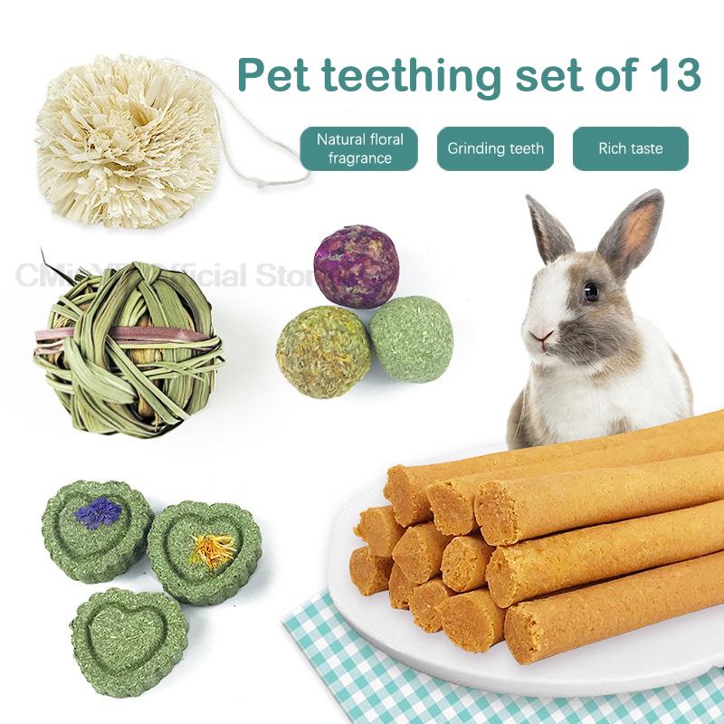 Natural Pet Teething Set of 13 Chew Toys Multi-Flavored Grass Cakes Ball for Hamster Rabbit Guinea Grinding Teeth Pets Supplies