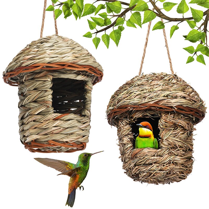 12 Style Hand-Woven House Birds Nest Shelter Hut Cage Natural Grass Hanging Sparrows Parrot Cage Straw Rope Outside Bird House