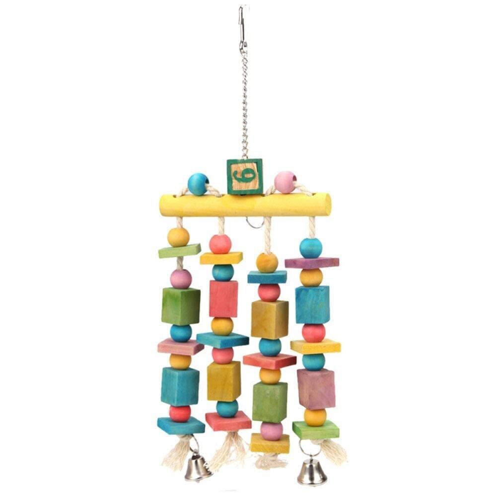 Parrot Bird Colorful Hanging Wooden Chewing Toys Stand Rack Bird Cage Accessories With Bells Bird Supplies