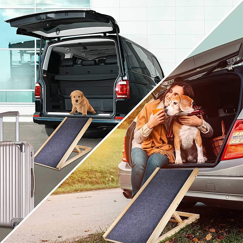 Pet Ramp Dog Ramp with Traction Mat Wooden Adjustable Pet Ladder for Dogs and Cats Easy Step to Car and Bed with Non-Slip Carpet
