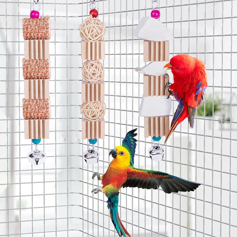 3pcs Parrot Natural Wooden Chewing Bite Toys With Cuttlefish Bone Rattan Ball Corncob Bird Supplies