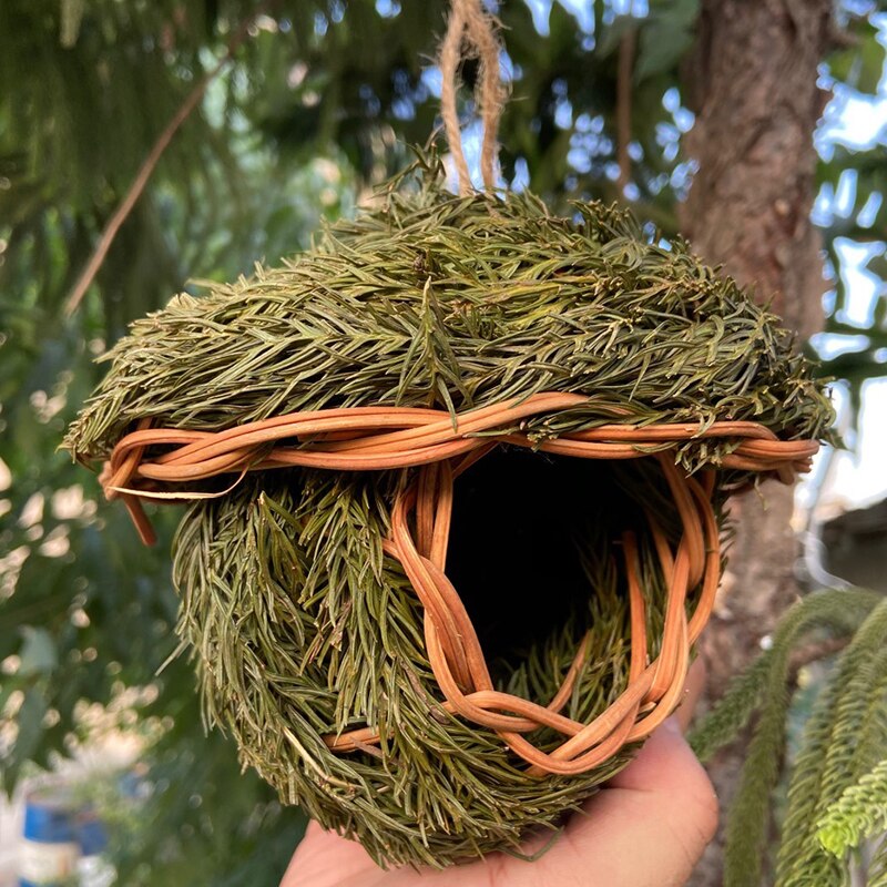 12 Style Hand-Woven House Birds Nest Shelter Hut Cage Natural Grass Hanging Sparrows Parrot Cage Straw Rope Outside Bird House
