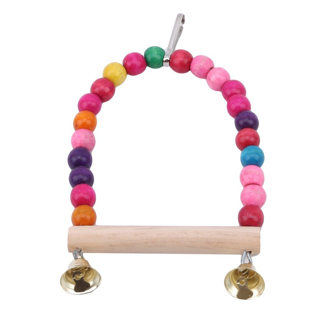 1PC Natural Wooden Birds Parrots Swing Toy Colorful Beads Bird Cage Supplies Toys Perch Hanging Swings With Bells for Pets