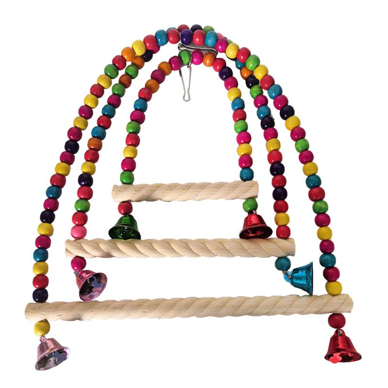 Bird Colorful Swing Stick With Colorful Beads Bell Parrot Natural Wooden Toy Bird Cage Accessories