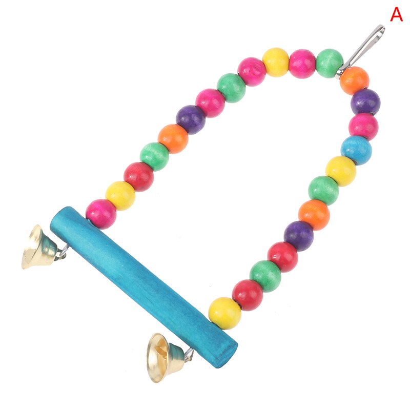 1PC Natural Wooden Birds Parrots Swing Toy Colorful Beads Bird Cage Supplies Toys Perch Hanging Swings With Bells for Pets