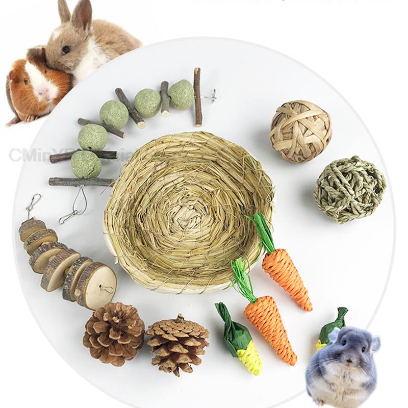 11Pcs/bag Small Animal Chew Toys Hay Treats For Guinea Pig Rabbit Hamster Gerbil Teeth Cleaning Toys Stick Set Pet Supplies