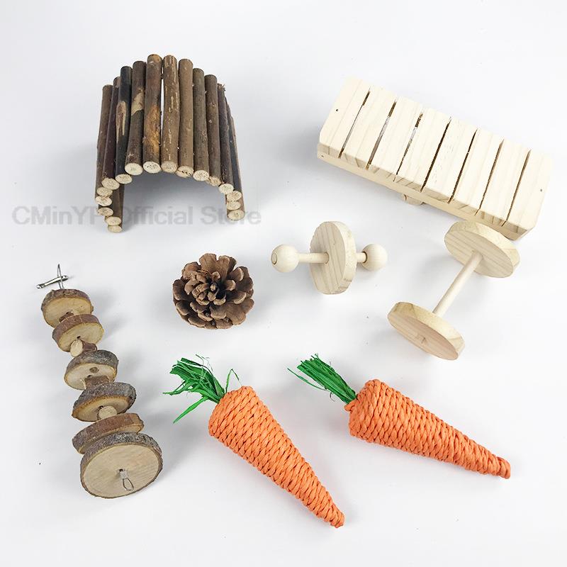 8Pcs Rabbit Roller Toy Wooden Pine Dumbells Unicycle Bell Chew Teeth Cleaning Toys for Guinea Pigs Rat Small Pet Molars Supplies