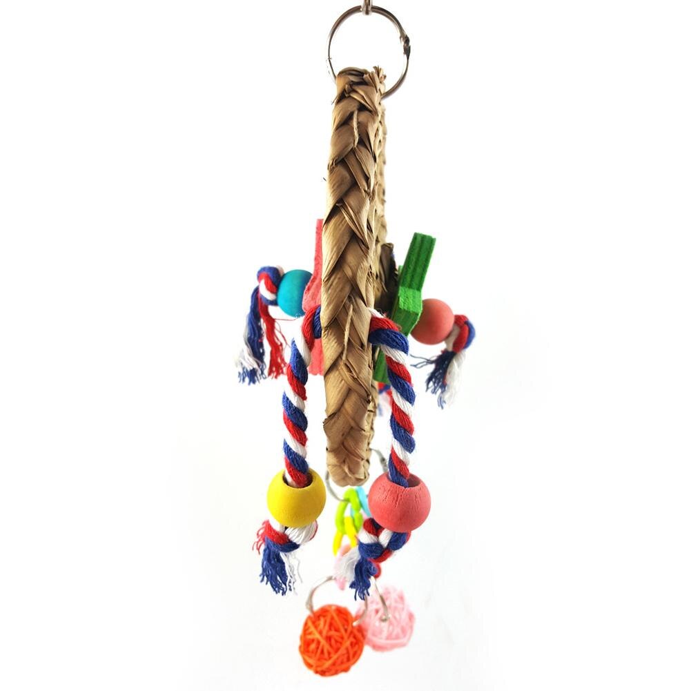 Parrot Straw Weaving Hanging Chewing Toys With Wooden Block Rope Decoration Bird Cage Accessories (random Color)