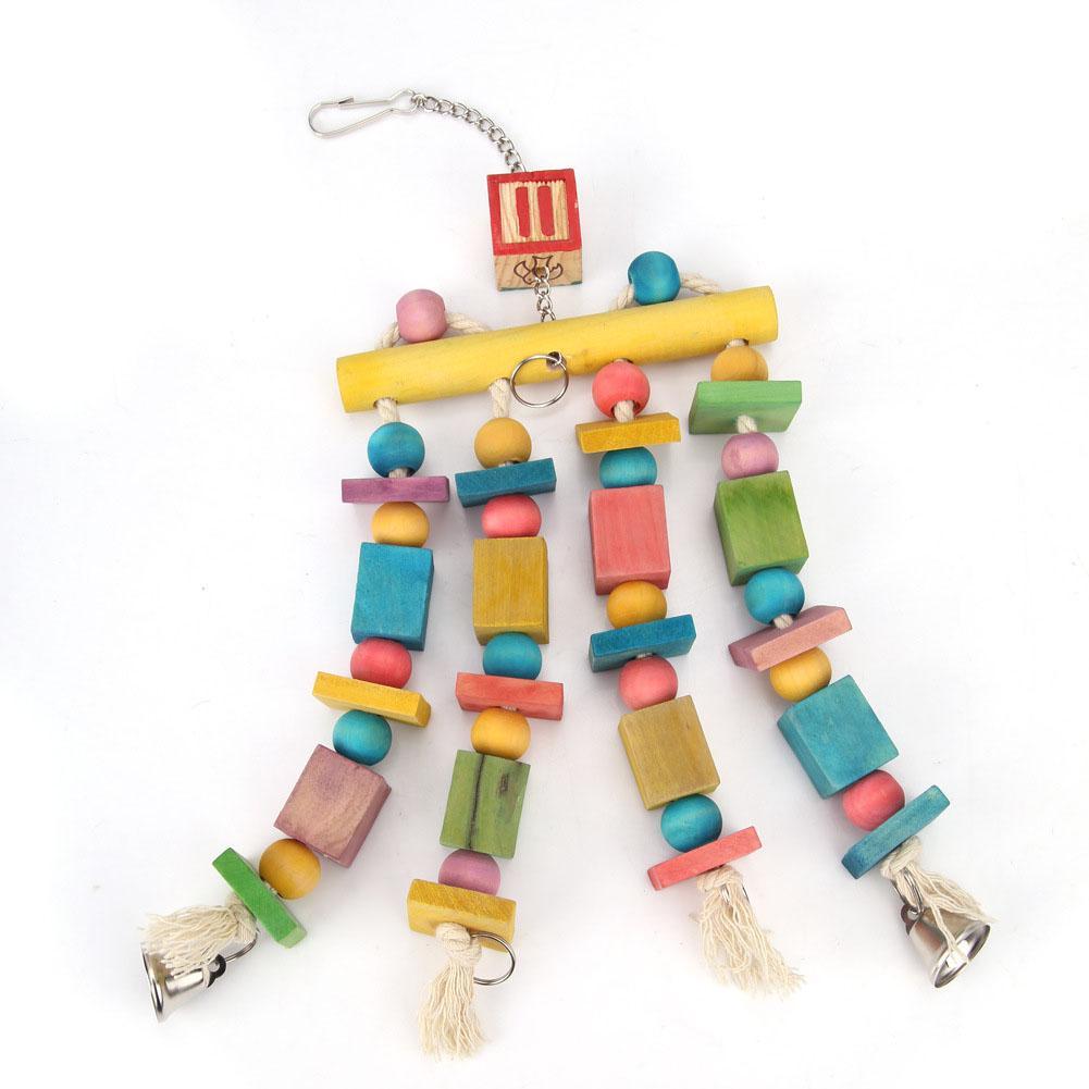 Parrot Bird Colorful Hanging Wooden Chewing Toys Stand Rack Bird Cage Accessories With Bells Bird Supplies
