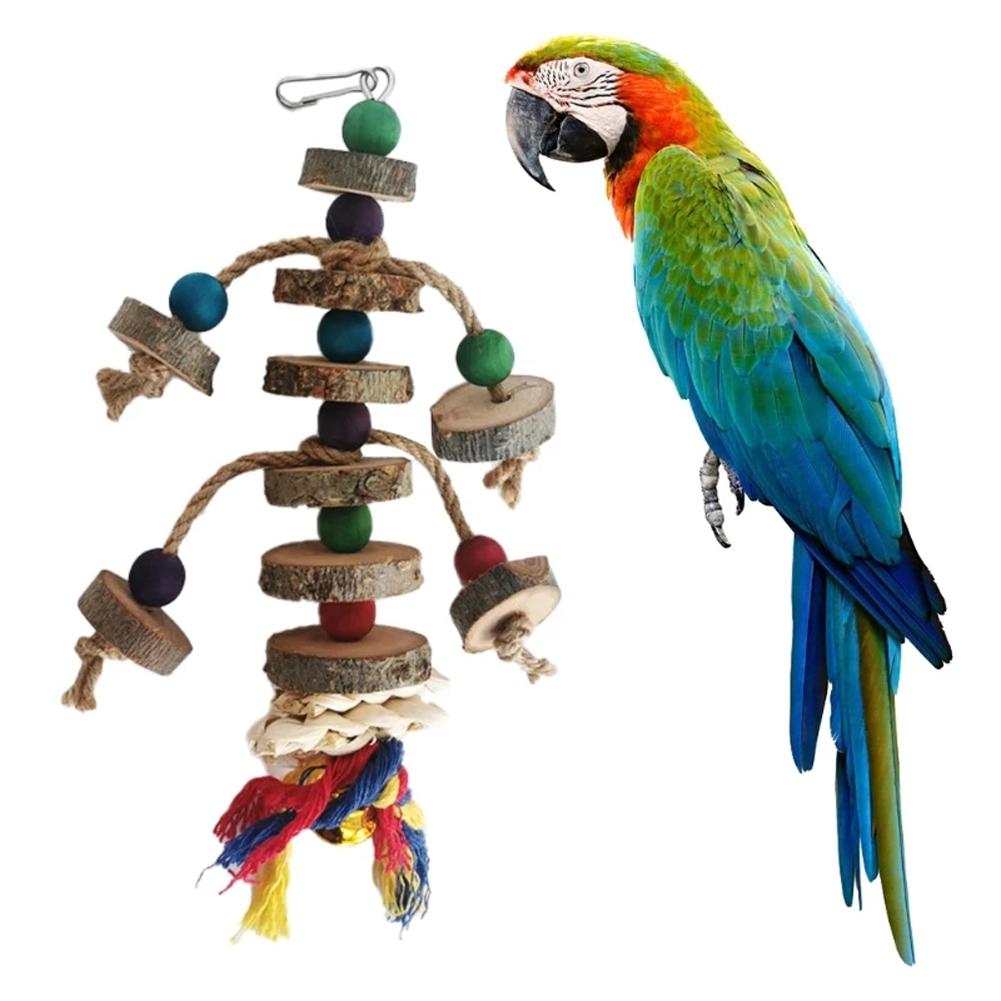 Parrot Natural Blocks Tearing Toys With Hook Colorful Wooden Beads Chew Toy For Small Medium Birds