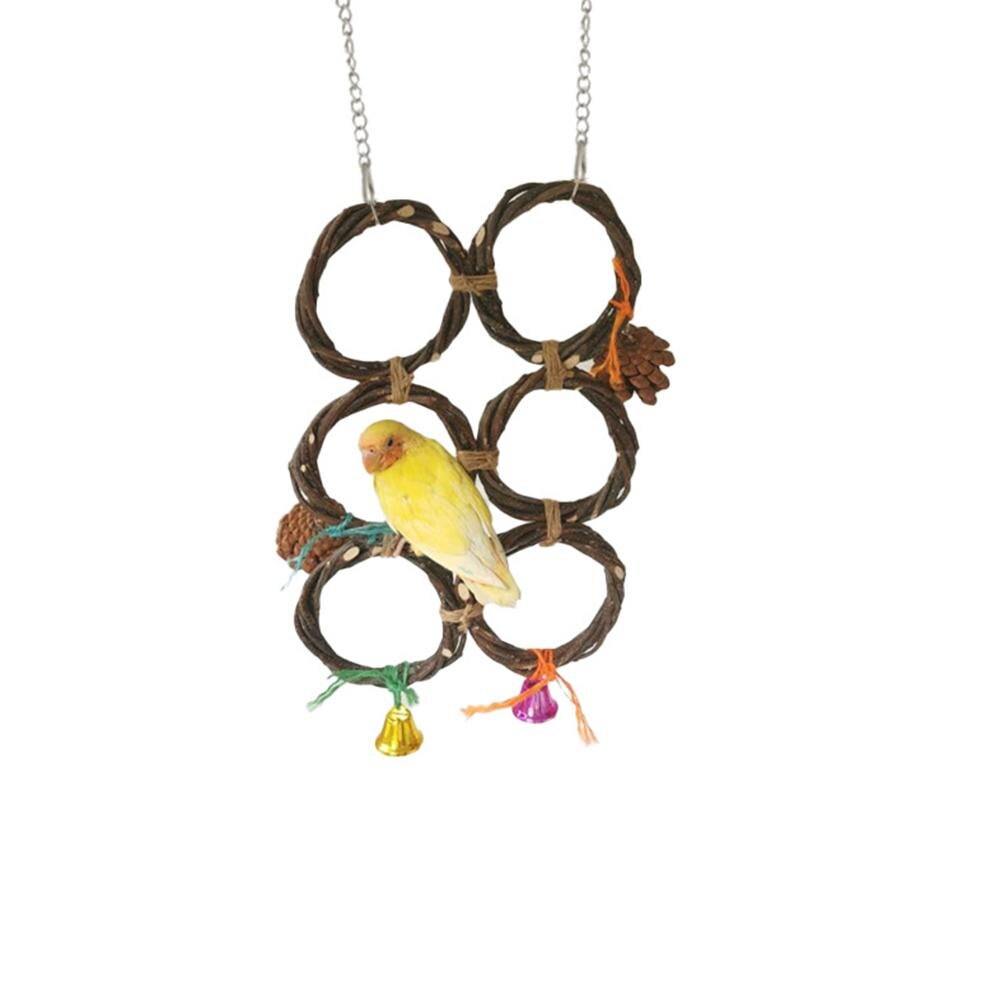 Birds Parrots Hand-woven Hanging Ring Perch Stand Bird Swing Climbing Toy With Bells Pine Cones Cage Supplies