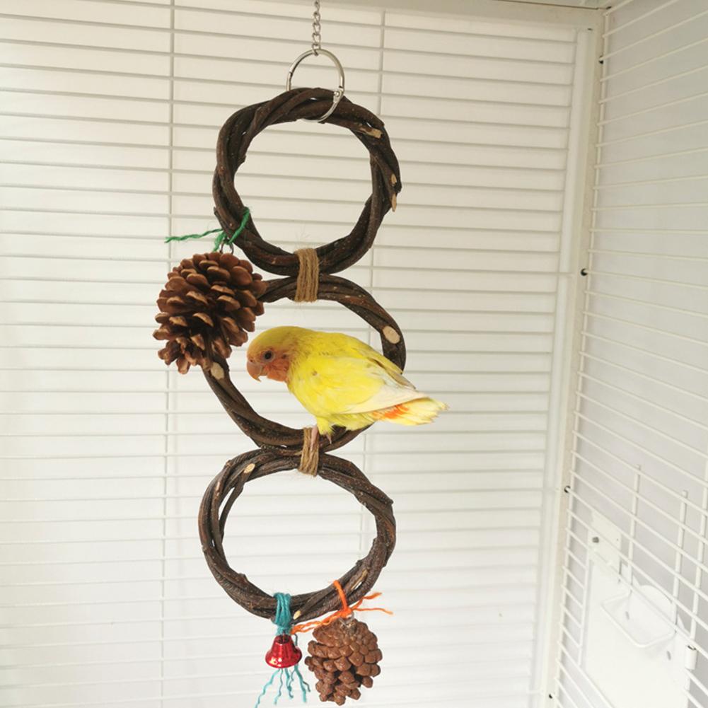 Birds Parrots Hand-woven Hanging Ring Perch Stand Bird Swing Climbing Toy With Bells Pine Cones Cage Supplies