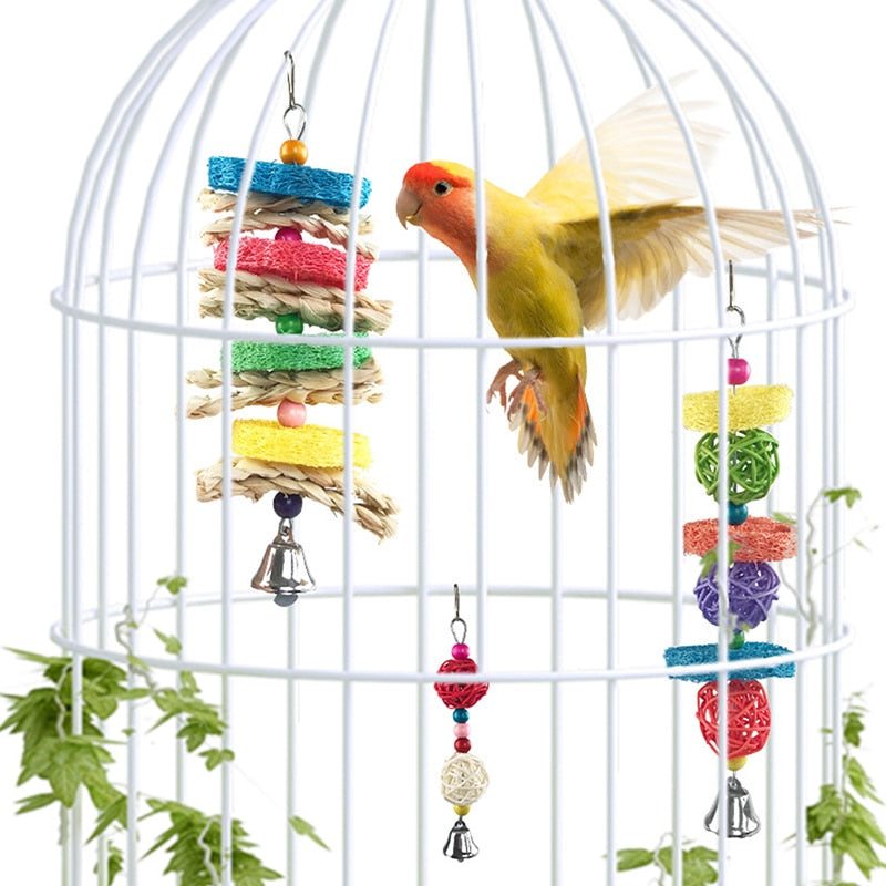 Bird Chewing Toy Parrot Hanging Bell Bite Rattan Ball Molar Toys Parrots Parakeet Birdcage Decoration Rabbit Hamster Chew Toys