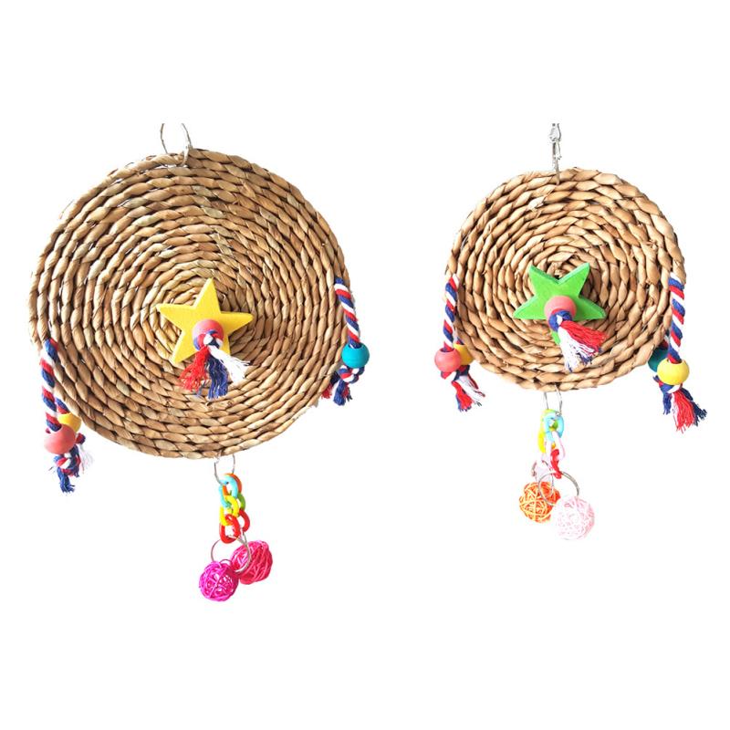 Parrot Straw Weaving Hanging Chewing Toys With Wooden Block Rope Decoration Bird Cage Accessories (random Color)