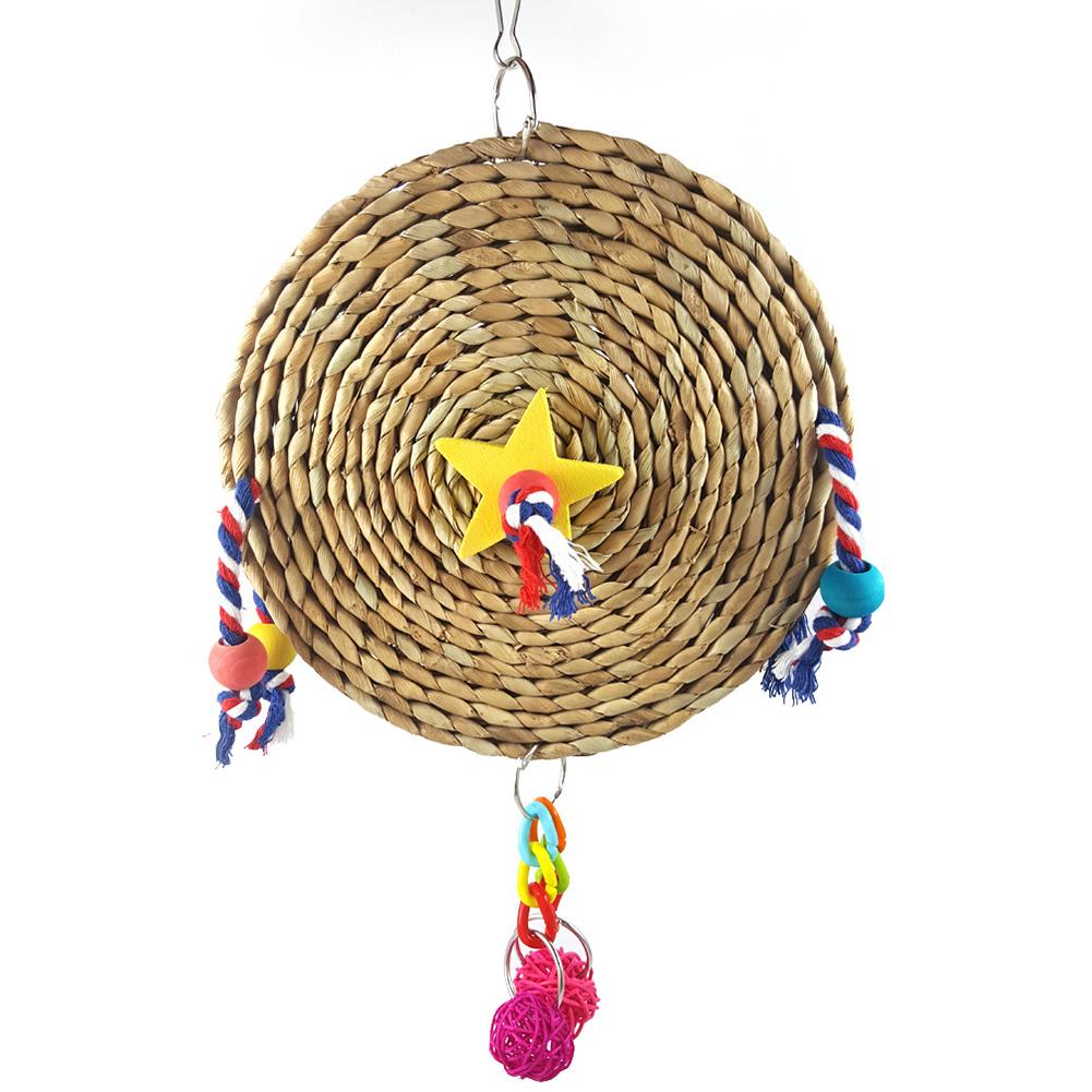 Parrot Straw Weaving Hanging Chewing Toys With Wooden Block Rope Decoration Bird Cage Accessories (random Color)