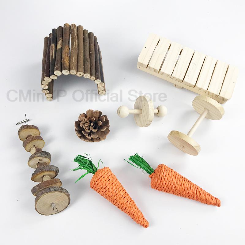 8Pcs Rabbit Roller Toy Wooden Pine Dumbells Unicycle Bell Chew Teeth Cleaning Toys for Guinea Pigs Rat Small Pet Molars Supplies