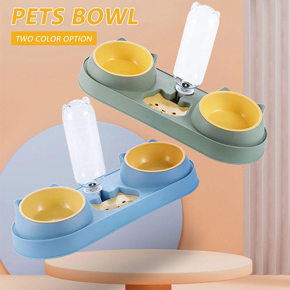 Pet Cat Double Bowls Anti-overturning Neck Protection Dog Automatic Food Bowl Water Dispenser Container
