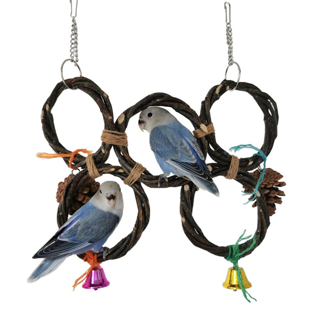Birds Parrots Hand-woven Hanging Ring Perch Stand Bird Swing Climbing Toy With Bells Pine Cones Cage Supplies