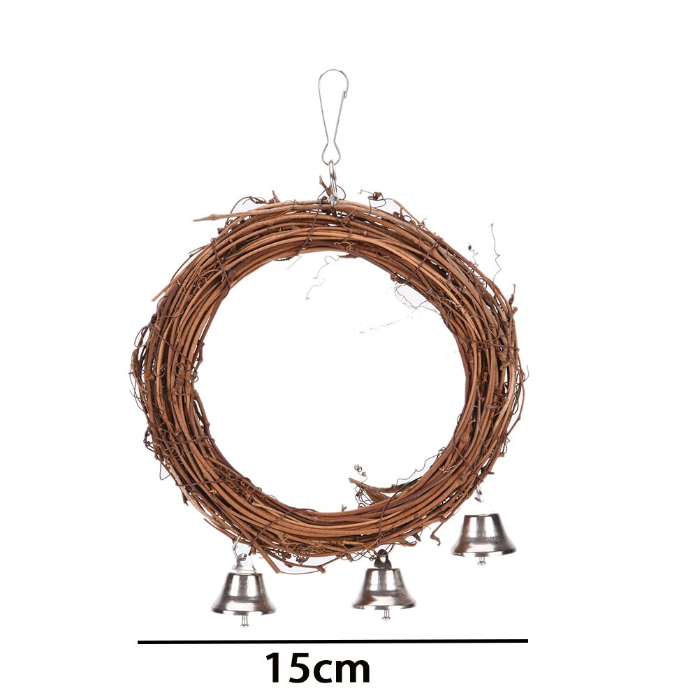 15cm Wooden Bird Parrot Rattan Hoop Swing Ring Hanging Toys With Bell for Pet Parakeet Cockatiel Chew Bite Ring Birds Toy 1pc