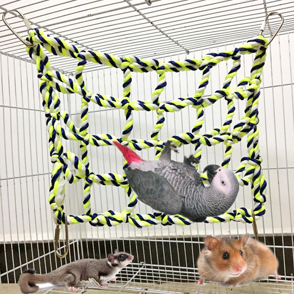 Colorful Cotton Rope Weave Climbing Net With 4pcs Metal Hooks Bird Hammock Toy For Parrot Hamster Squirrel