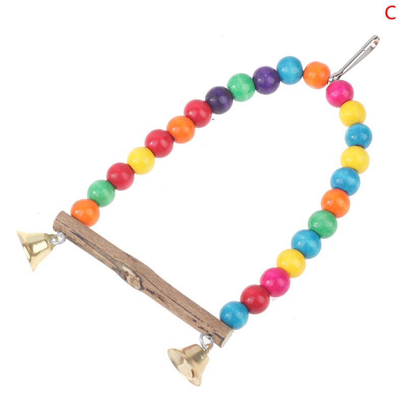 1PC Natural Wooden Birds Parrots Swing Toy Colorful Beads Bird Cage Supplies Toys Perch Hanging Swings With Bells for Pets