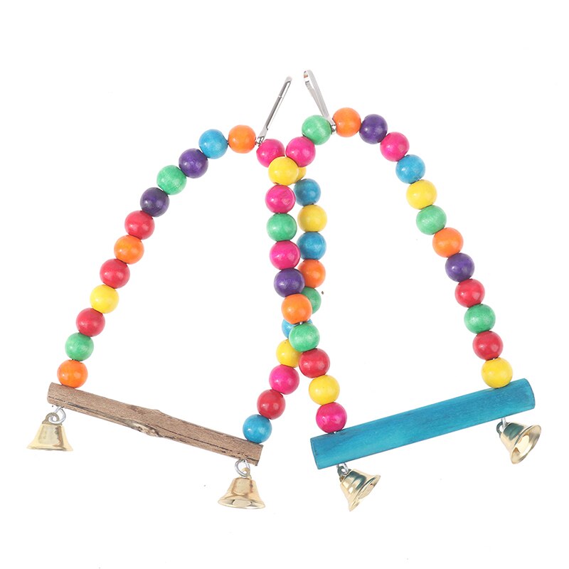 1PC Natural Wooden Birds Parrots Swing Toy Colorful Beads Bird Cage Supplies Toys Perch Hanging Swings With Bells for Pets