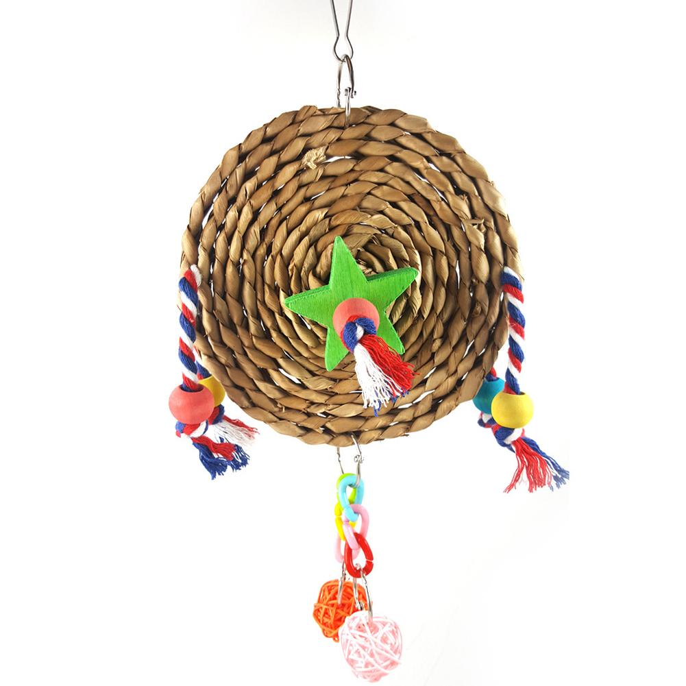 Parrot Straw Weaving Hanging Chewing Toys With Wooden Block Rope Decoration Bird Cage Accessories (random Color)