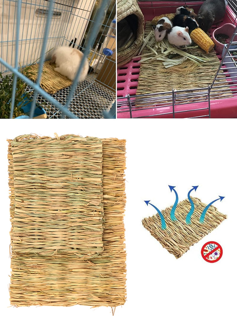 Rabbits Bunny Grass Mat Small Animal Woven Hay Mat Natural Straw Bedding Resting Cage Mat For Guinea Pig Chinchilla Hamster Rat