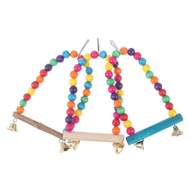 1PC Natural Wooden Birds Parrots Swing Toy Colorful Beads Bird Cage Supplies Toys Perch Hanging Swings With Bells for Pets