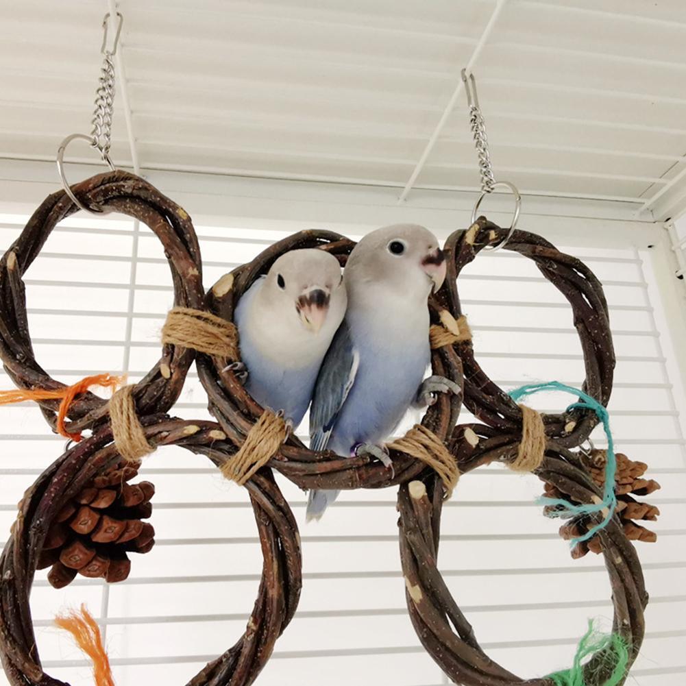 Birds Parrots Hand-woven Hanging Ring Perch Stand Bird Swing Climbing Toy With Bells Pine Cones Cage Supplies
