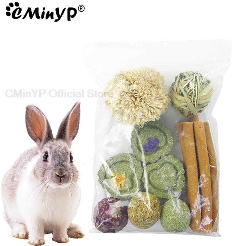 Natural Pet Teething Set of 13 Chew Toys Multi-Flavored Grass Cakes Ball for Hamster Rabbit Guinea Grinding Teeth Pets Supplies