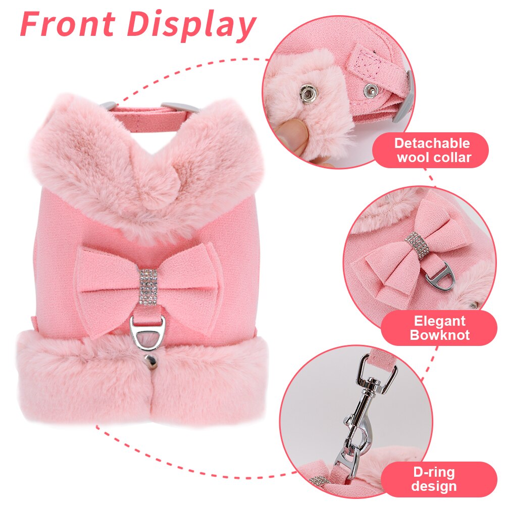 Soft Warm Dog Cat Harness Leash Set Thick Fur Harness Vest Adjustable Cute Puppy Pet Harness Lead For Small Dog Yorkshire Pug