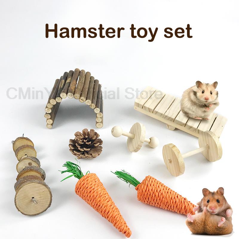 8Pcs Rabbit Roller Toy Wooden Pine Dumbells Unicycle Bell Chew Teeth Cleaning Toys for Guinea Pigs Rat Small Pet Molars Supplies