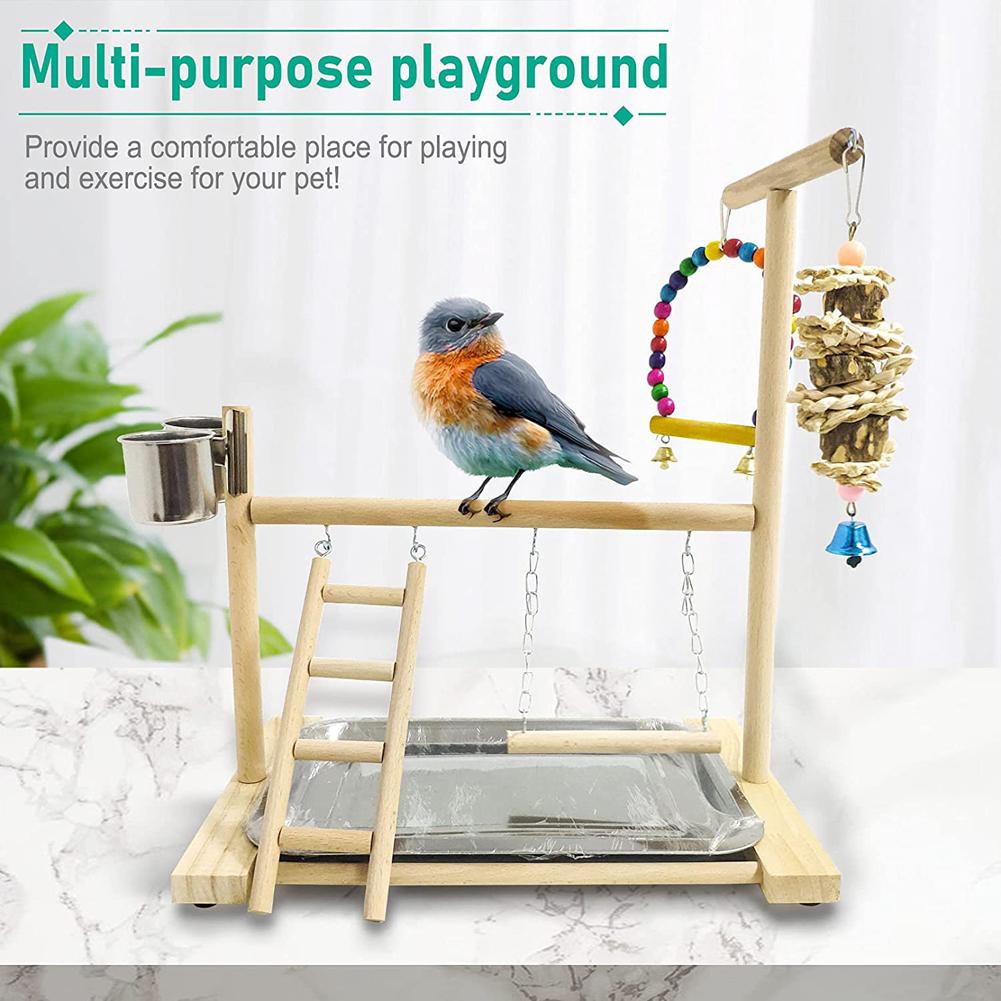 Birds Parrot Wooden Training Perch Stand Playground Climbing Ladder Swing Toys With Bells Bird Supplies