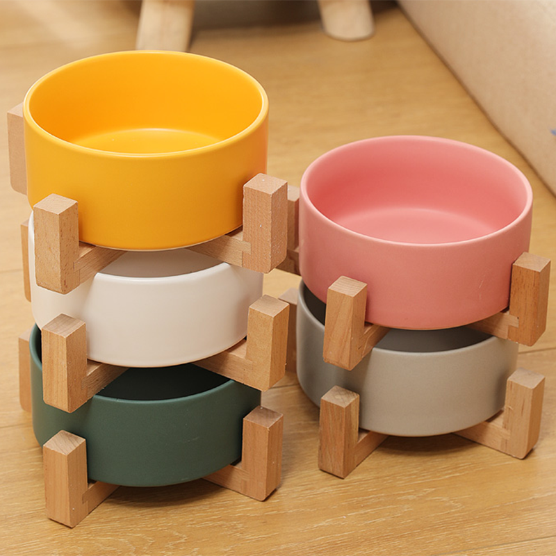 Pet Ceramic Bowl with Bamboo Stand Cat Bowl Dog Bowl Pet Drinking Bowl Food Container Cat and Dog Feeding Supplies