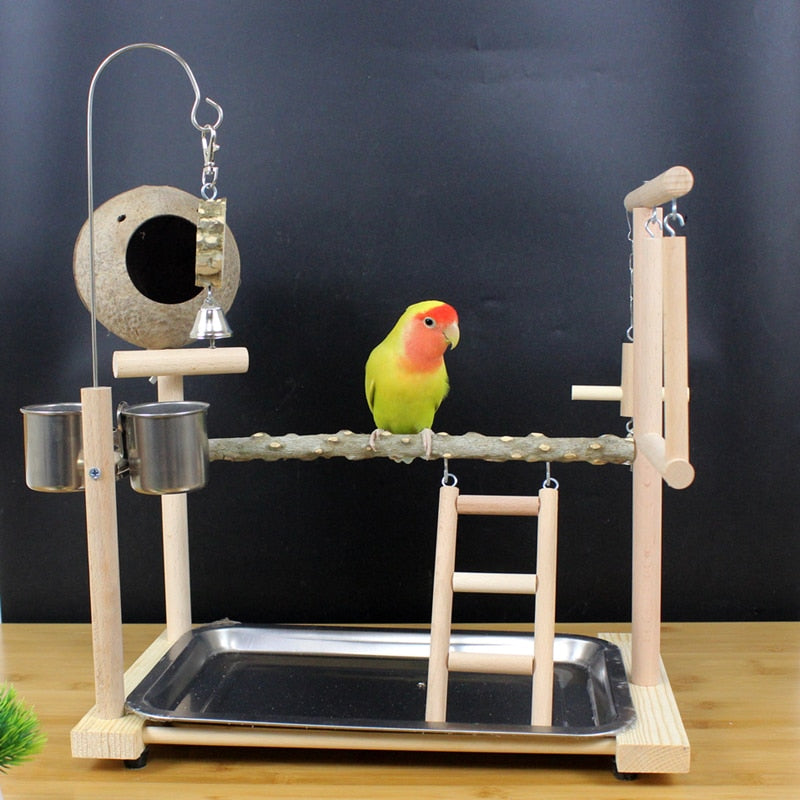 Parrot Playstand With Coconut Shell Solid Wooden Parrot Stand Game Field Interactive Training Frame Bird Shelf Standing Stick