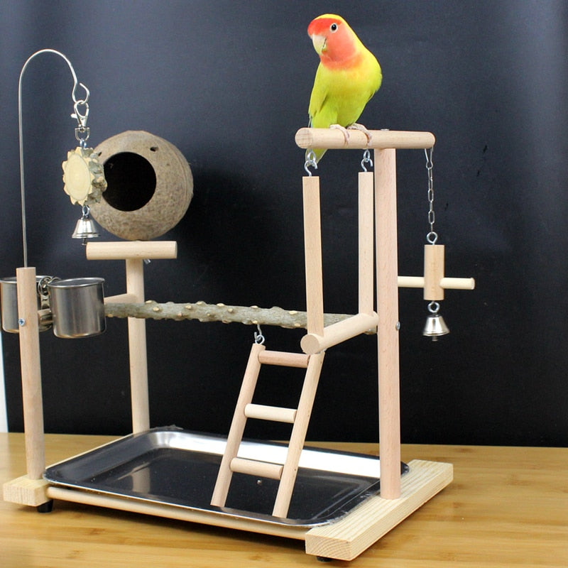 Parrot Playstand With Coconut Shell Solid Wooden Parrot Stand Game Field Interactive Training Frame Bird Shelf Standing Stick