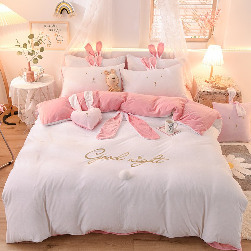 Luxury Fleece Velvet Lovely Rabbit Ears Bedding Set Warm Flannel Duvet Cover Pillowcases Flat Sheet Twin Queen King Size 3/4 Pcs